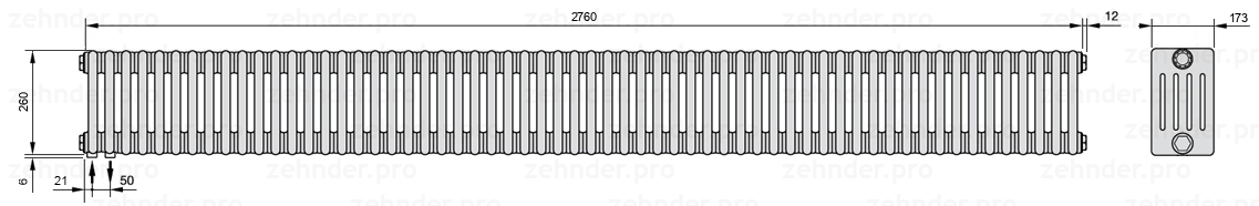 Схема (чертеж) Радиатор Zehnder Charleston 5026/60 №3370 Белый глянцевый RAL 9016